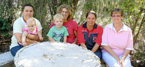 Preparing for the Leanne Hoffman memorial trail ride are, from left, Vanessa Sharman with Josie Gillespie, Colette Locke with Riley Locke, Charlene McKinney and Ann Maree Kelly. Preparing for the Leanne Hoffman memorial trail ride are, from left, Vanessa Sharman with Josie Gillespie, Colette Locke with Riley Locke, Charlene McKinney and Ann Maree Kelly.